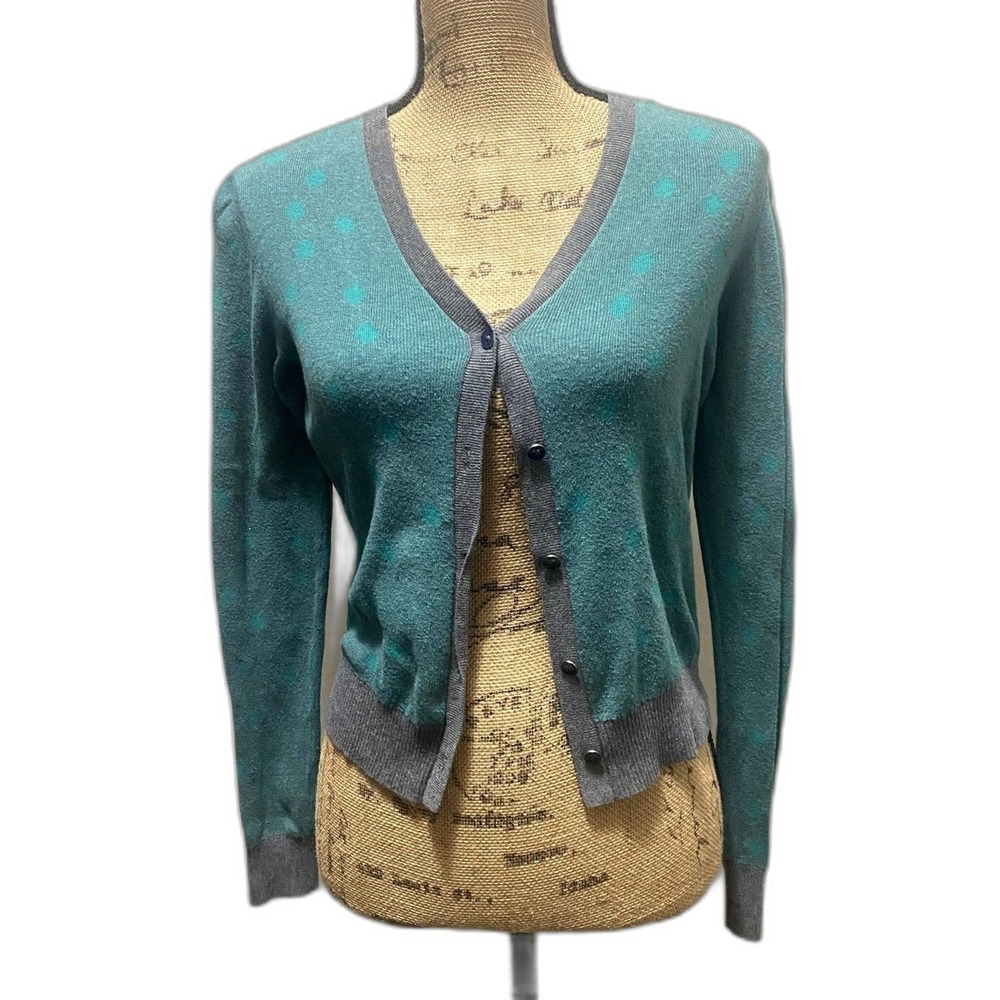 Cabi 903 Teal Gray Polka Dot Cardigan Button Front Twee 100% Cotton Size XS